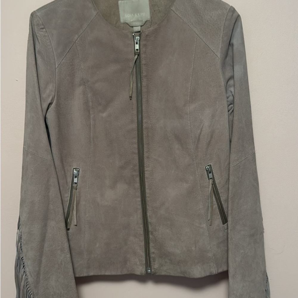 Soia and Kyo Suede Fringe Zip Jacket in Taupe